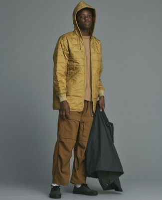 Men's Charcoal Barn Jacket, Yellow Windbreaker, Tan Crew-neck T-shirt, Brown Cargo Pants