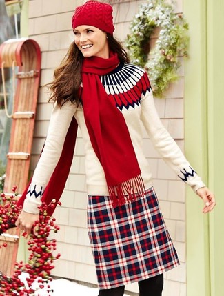Tan Fair Isle Crew-neck Sweater Outfits For Women: 