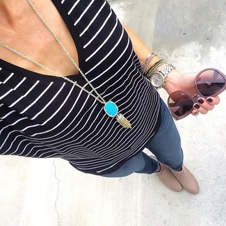 Women's Aquamarine Pendant, Beige Leather Ankle Boots, Charcoal Skinny Jeans, Black and White Horizontal Striped V-neck T-shirt