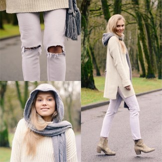 Women's Grey Knit Scarf, Beige Suede Ankle Boots, White Ripped Jeans, Beige Knit Oversized Sweater