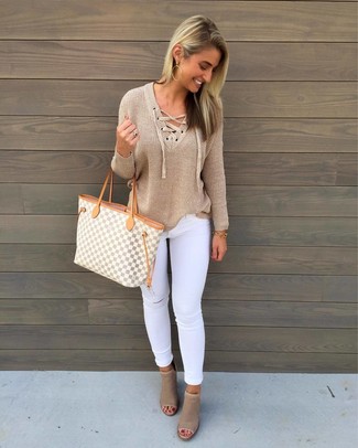 Beige V-neck Sweater Spring Outfits For Women: 