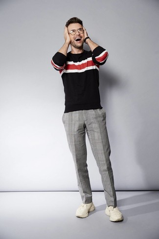 Black Horizontal Striped Crew-neck Sweater Outfits For Men: 