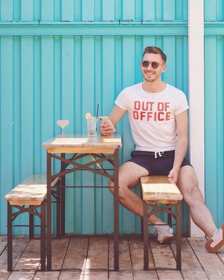 White and Red Crew-neck T-shirt with Swim Shorts Outfits: 