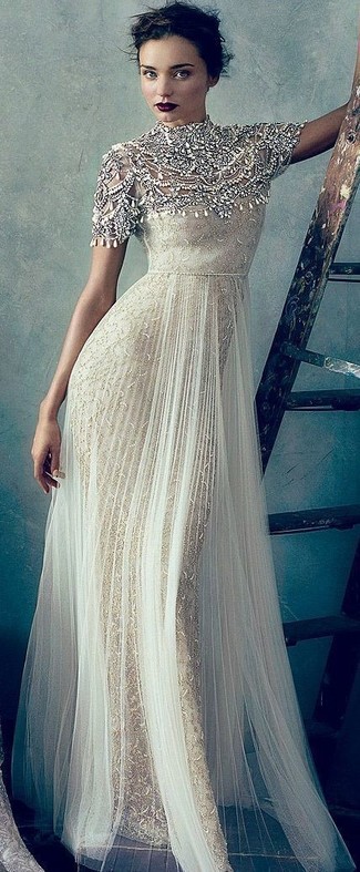 Beige Beaded Evening Dress Outfits: Go for a beige beaded evening dress and you'll exude elegance and refinement.