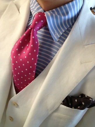 Hot Pink Polka Dot Tie Outfits For Men: A beige blazer and a hot pink polka dot tie are a sophisticated ensemble that every modern guy should have in his wardrobe.