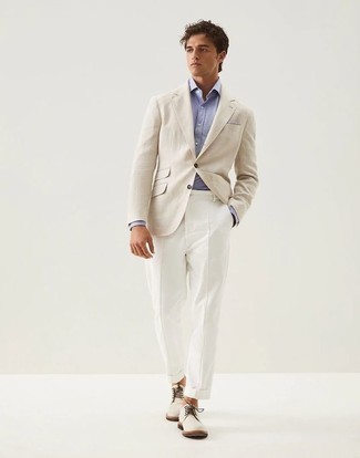 Light Blue Dress Shirt Outfits For Men: Inject a polished touch into your current arsenal with a light blue dress shirt and white chinos. Give a more informal twist to your outfit by slipping into a pair of white suede desert boots.