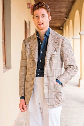 Beige Check Blazer Outfits For Men: For a look that's nothing less than envy-worthy, wear a beige check blazer and white dress pants.