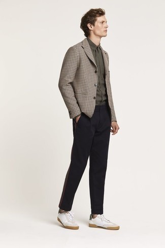 Men's Beige Check Blazer, Olive Long Sleeve Shirt, Navy Chinos, White and Green Canvas Low Top Sneakers