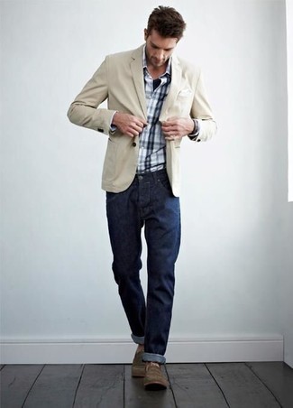 Beige Cotton Blazer Outfits For Men: This pairing of a beige cotton blazer and navy jeans can only be described as devastatingly sharp and effortlessly sleek. Introduce brown casual boots to the equation and ta-da: the ensemble is complete.