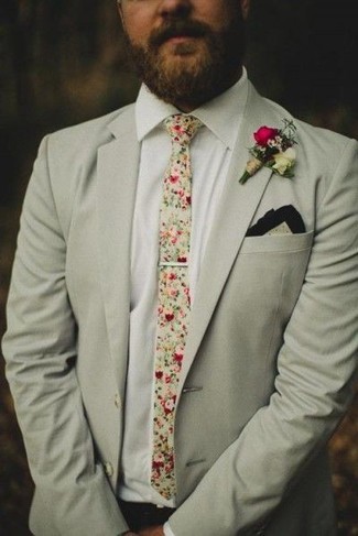 Men's Beige Blazer, White Dress Shirt, Beige Floral Tie