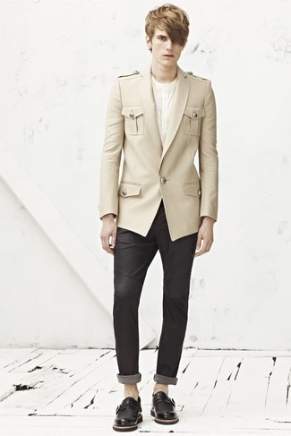 Men's Beige Wool Blazer, White Henley Shirt, Charcoal Chinos, Black Leather Double Monks