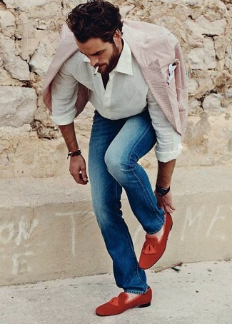 Red Suede Tassel Loafers Outfits: This look shows it pays to invest in such menswear items as a beige blazer and blue jeans. Smarten up your ensemble with red suede tassel loafers.