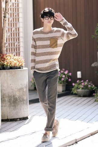 Beige Horizontal Striped Crew-neck Sweater Outfits For Men In Their Teens: 