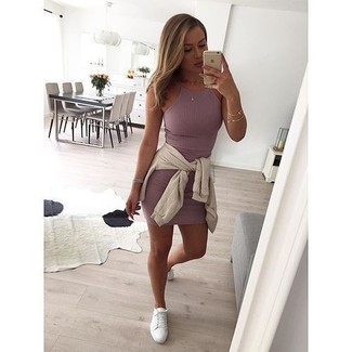 White Plimsolls Outfits For Women: Combining a beige bomber jacket with a pink tank dress is an awesome pick for an off-duty look. Complete your outfit with white plimsolls and you're all done and looking stunning.