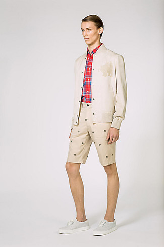Men's Beige Bomber Jacket, Red Plaid Long Sleeve Shirt, Beige Print Shorts, Grey Plimsolls