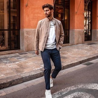 Beige Bomber Jacket with White and Violet Low Top Sneakers Casual Spring Outfits For Men In Their 30s ideas & outfits) | Lookastic