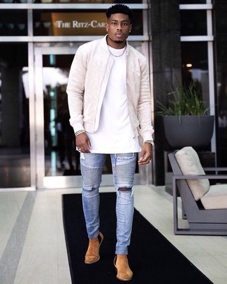 Men's Beige Suede Bomber Jacket, White Crew-neck T-shirt, Light Blue Ripped Skinny Jeans, Tan Suede Chelsea Boots