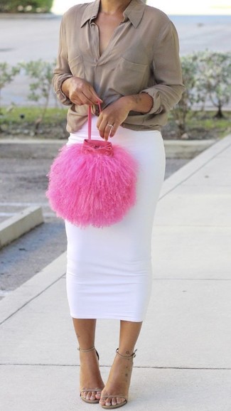 Women's Beige Button Down Blouse, White Midi Skirt, Beige Leather Heeled Sandals, Hot Pink Fur Clutch