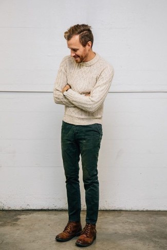Cable Sweater Outfits For Men: For a cool and relaxed getup, opt for a cable sweater and dark green chinos — these two items fit really well together. A nice pair of brown leather casual boots is an effective way to infuse an extra dose of style into your ensemble.