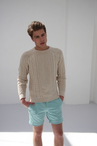 Men's Beige Cable Sweater, Mint Shorts