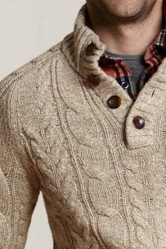 Men's Beige Cable Sweater, Red Plaid Long Sleeve Shirt, Charcoal Crew-neck T-shirt