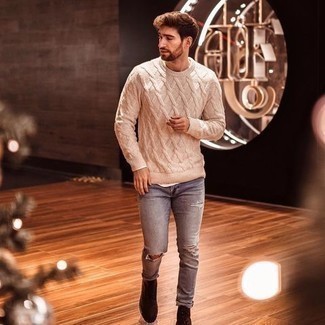 Beige Cable Sweater Outfits For Men: The versatility of a beige cable sweater and light blue ripped skinny jeans ensures you'll always have them on high rotation. For a sleeker vibe, why not complement your outfit with dark brown suede chelsea boots?