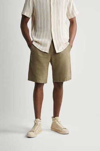 Beige Vertical Striped Short Sleeve Shirt Outfits For Men: 