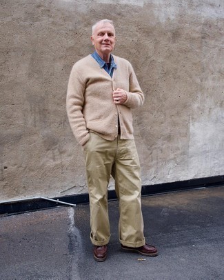 Beige Cardigan Outfits For Men: This laid-back combination of a beige cardigan and beige chinos is a safe option when you need to look stylish in a flash. Complete your outfit with dark brown leather desert boots and the whole ensemble will come together really well.