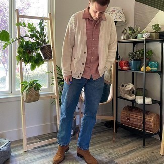 Blue Jeans with Brown Suede Chelsea Boots Outfits For Men: For a neat and relaxed outfit, try pairing a beige cardigan with blue jeans — these two pieces go perfectly well together. Our favorite of a myriad of ways to complement this outfit is brown suede chelsea boots.