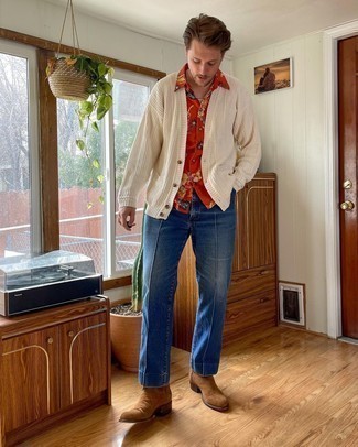 Men's Beige Cardigan, Red Floral Short Sleeve Shirt, Navy Jeans, Brown Suede Chelsea Boots