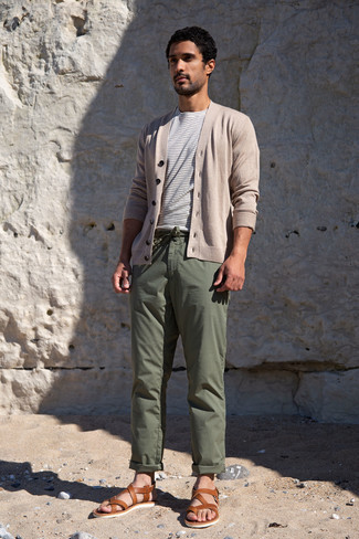 Brown Leather Sandals Outfits For Men: A beige cardigan and olive chinos will give off this casual and cool vibe. Want to play it down in the shoe department? Complement this look with a pair of brown leather sandals for the day.