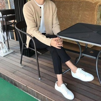 Beige Cardigan Outfits For Men: Marry a beige cardigan with black chinos for a casual and cool and trendy getup. Dial up this whole getup by slipping into a pair of white leather low top sneakers.