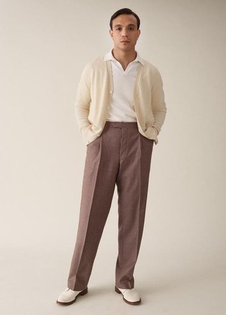 White Leather Derby Shoes Outfits: Putting together a beige cardigan with brown chinos is a wonderful choice for an off-duty outfit. For something more on the classier end to finish off this getup, complement this outfit with white leather derby shoes.