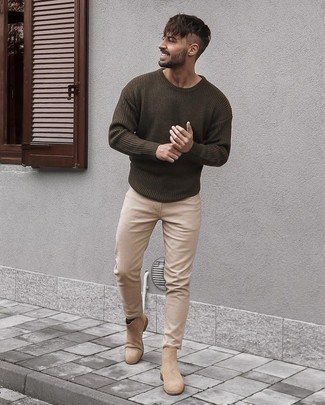 Dark Brown Crew-neck Sweater Outfits For Men: 