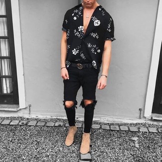 Men's Black Leather Belt, Beige Suede Chelsea Boots, Black Ripped Skinny Jeans, Black and White Floral Short Sleeve Shirt