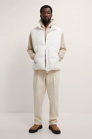 White Quilted Gilet Outfits For Men: 