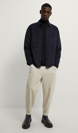 Black Turtleneck with Shirt Jacket Outfits For Men: 