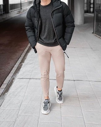 Men's Grey Athletic Shoes, Beige Chinos, Charcoal Crew-neck T-shirt, Black Puffer Jacket