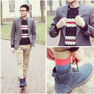 Navy Fair Isle Crew-neck Sweater Outfits For Men: 