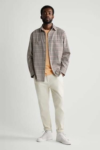 Grey Check Long Sleeve Shirt Outfits For Men: 