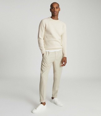 White Crew-neck T-shirt with Cable Sweater Outfits For Men: 
