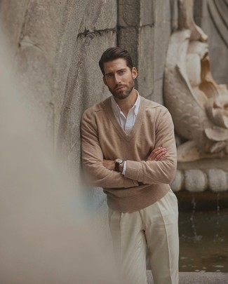 Men's Dark Brown Leather Watch, Beige Chinos, White Long Sleeve Shirt, Tan V-neck Sweater