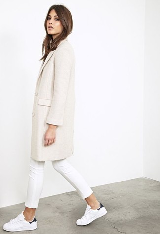 Women's Beige Coat, White Skinny Jeans, White and Black Leather Low Top Sneakers