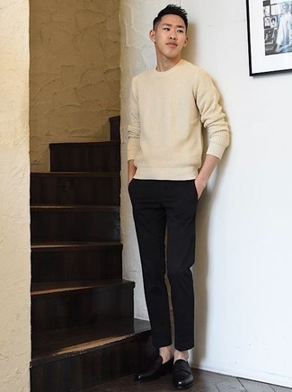 Tan Crew-neck Sweater Outfits For Men: Teaming a tan crew-neck sweater with black chinos is a wonderful option for a cool and relaxed getup. Black leather loafers are guaranteed to bring a dash of class to your ensemble.