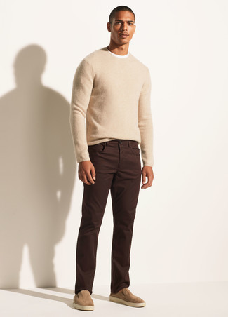 Dark Brown Jeans Outfits For Men: A beige crew-neck sweater and dark brown jeans are a great go-to outfit to keep in your closet. If you need to easily step up your look with a pair of shoes, why not complete your ensemble with tan suede loafers?