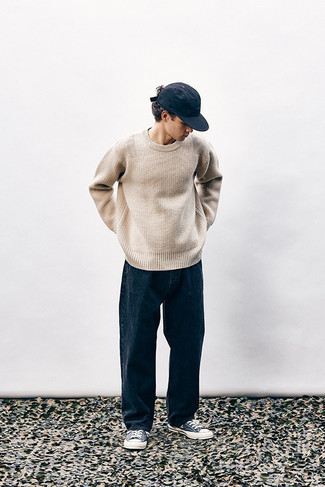 Men's Beige Crew-neck Sweater, Navy Jeans, Navy and White Canvas Low Top Sneakers, Navy Baseball Cap