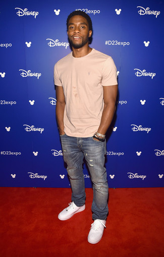 Chadwick Boseman wearing Beige Crew-neck T-shirt, Blue Ripped Jeans, White Leather Low Top Sneakers, Silver Bracelet