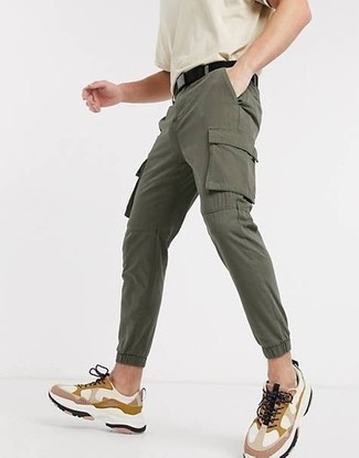Men's Beige Crew-neck T-shirt, Olive Cargo Pants, Multi colored Athletic Shoes, Black Canvas Belt