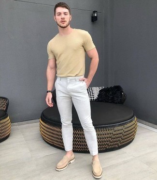 Beige Suede Loafers Outfits For Men: For effortless style without the need to sacrifice on practicality, we turn to this pairing of a beige crew-neck t-shirt and white chinos. Add beige suede loafers to your ensemble to immediately step up the fashion factor of your outfit.