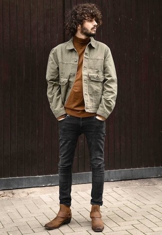Brown Turtleneck Outfits For Men: The go-to for casual style? A brown turtleneck with charcoal jeans. Why not take a classic approach with footwear and complete this outfit with brown leather chelsea boots?